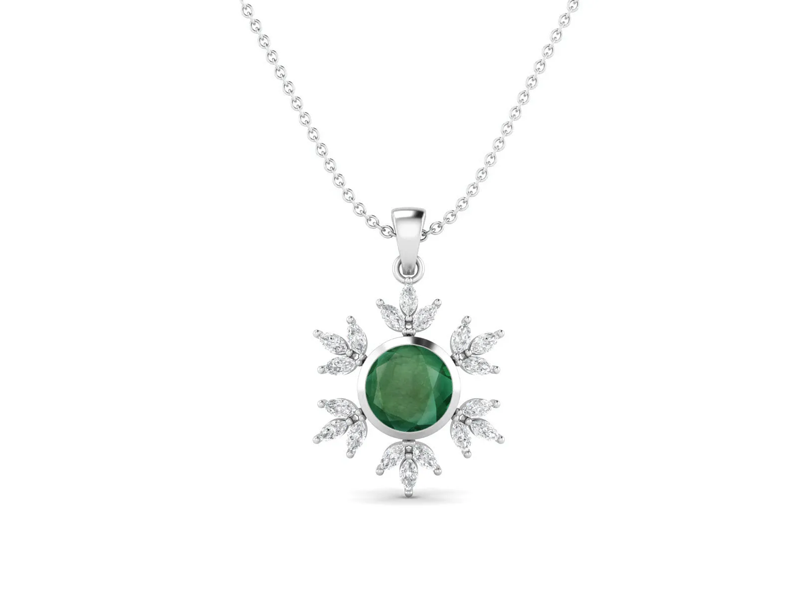 10MM Round Emerald Gemstone 925 Sterling Silver Flower Women Pendant Necklace