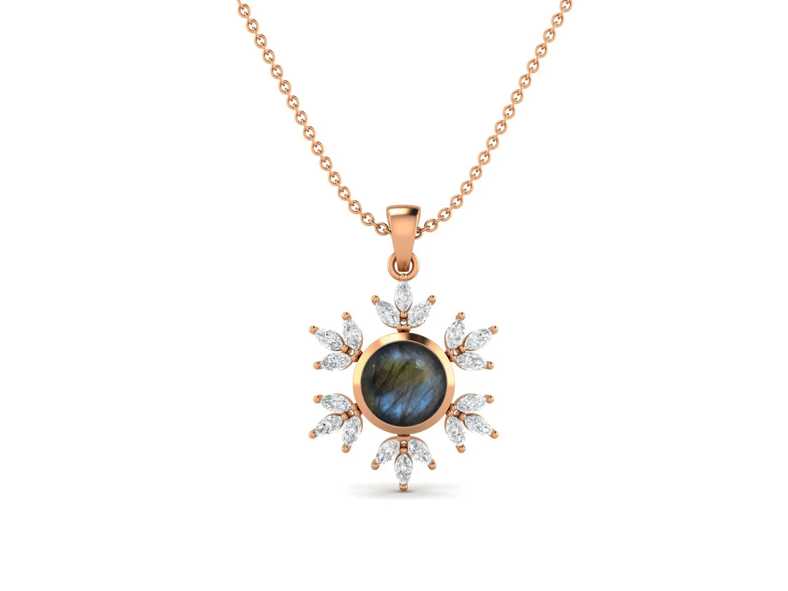 10MM Round Labradorite Gemstone 925 Sterling Silver Flower Women Pendant Necklace