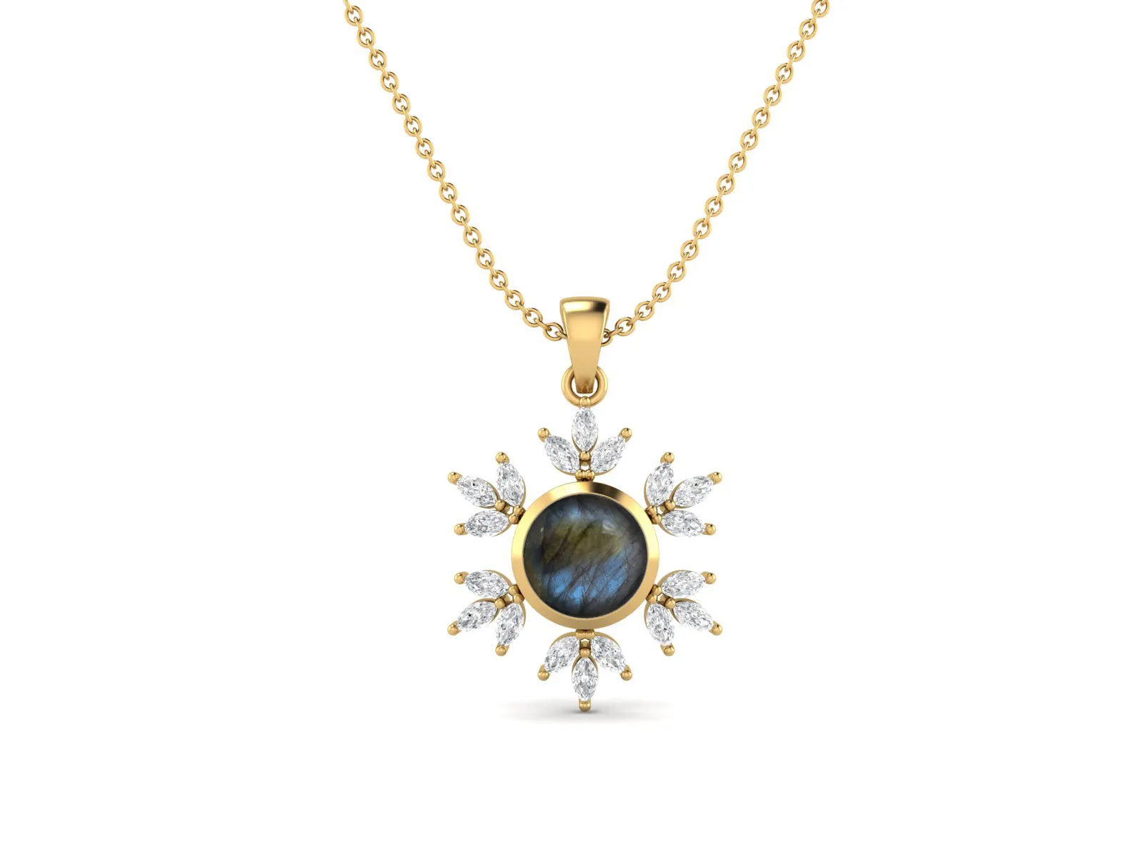 10MM Round Labradorite Gemstone 925 Sterling Silver Flower Women Pendant Necklace