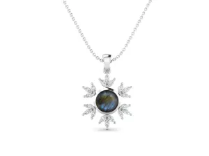 10MM Round Labradorite Gemstone 925 Sterling Silver Flower Women Pendant Necklace