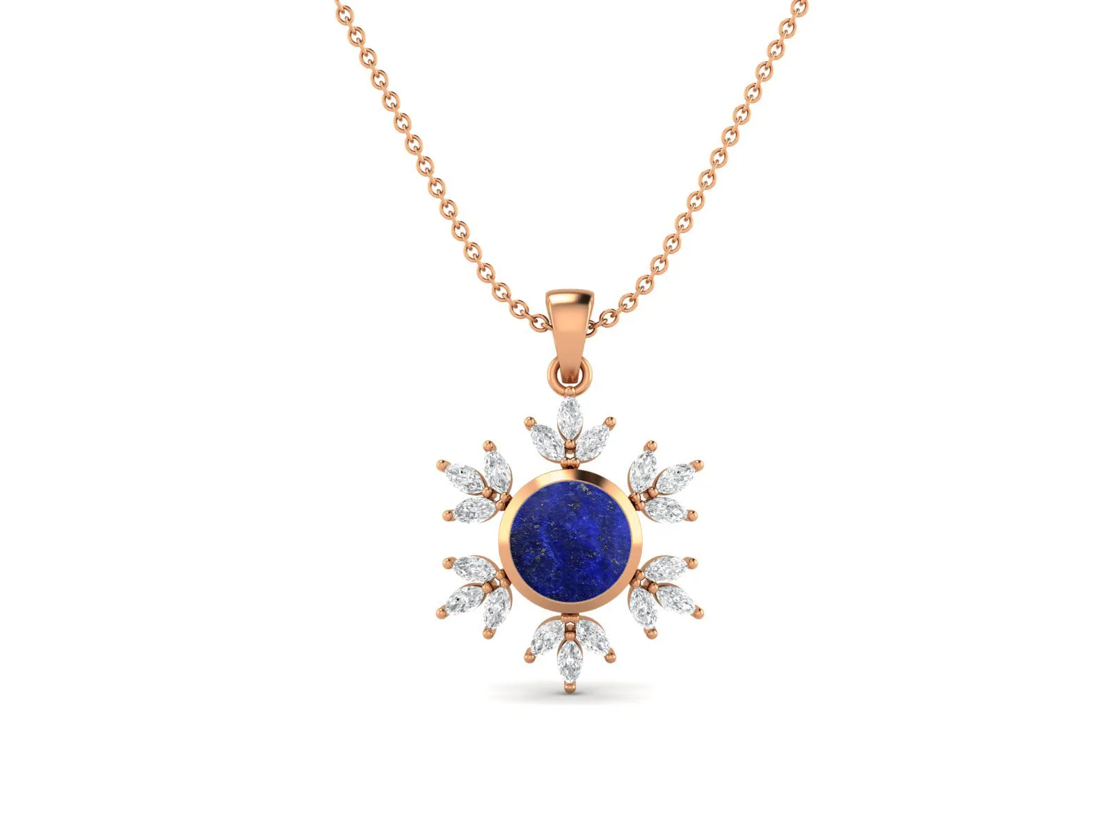 10MM Round Lapis Gemstone 925 Sterling Silver Flower Women Pendant Necklace