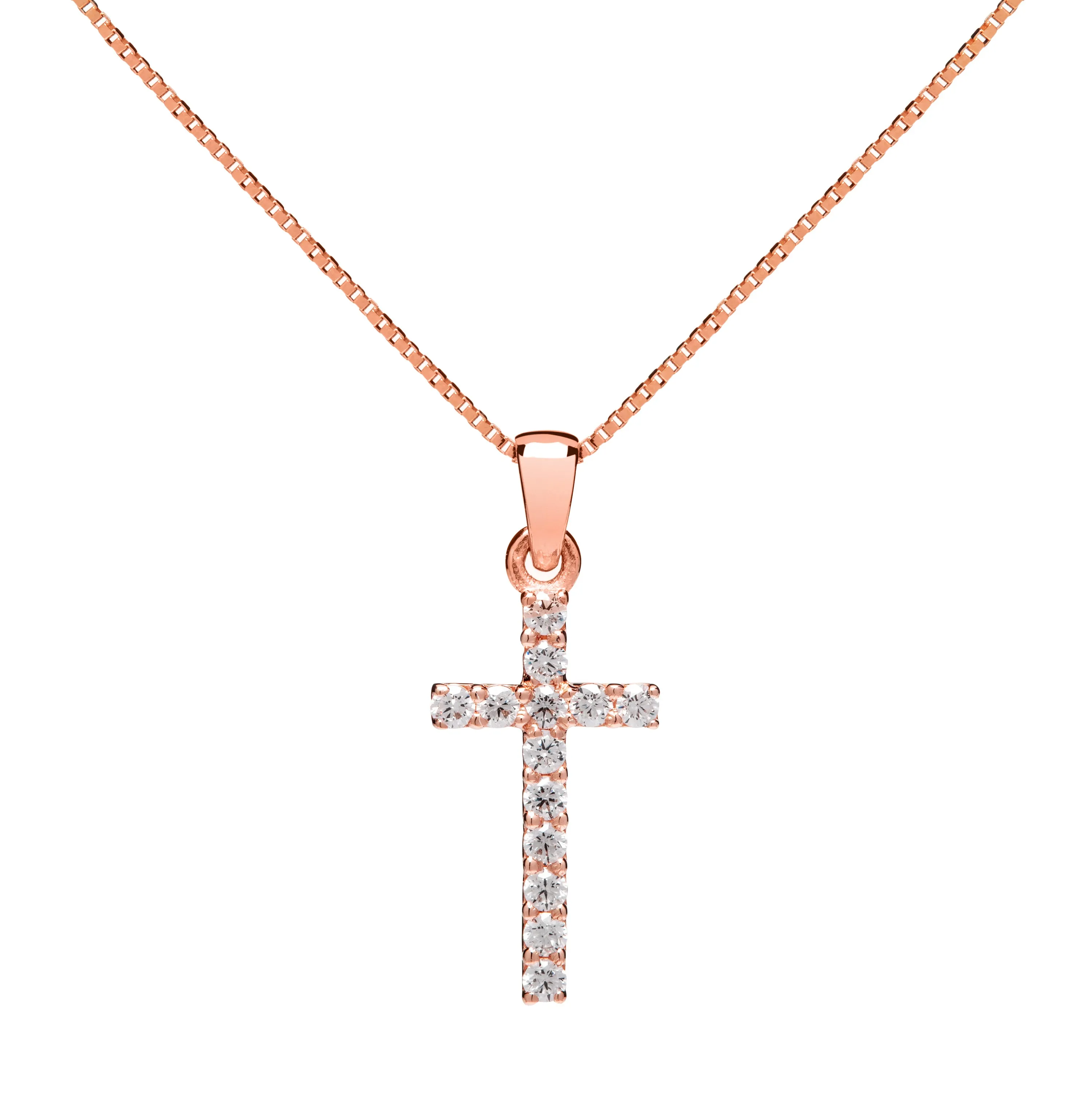 14K Solid Rose Gold Cross | Pave Round Cut Cubic Zirconia Pendant Necklace | 15mm Long .30 CTW | 18 Inch .60mm Box Link Chain | With Gift Box