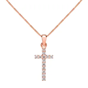 14K Solid Rose Gold Cross | Pave Round Cut Cubic Zirconia Pendant Necklace | 15mm Long .30 CTW | 18 Inch .60mm Box Link Chain | With Gift Box