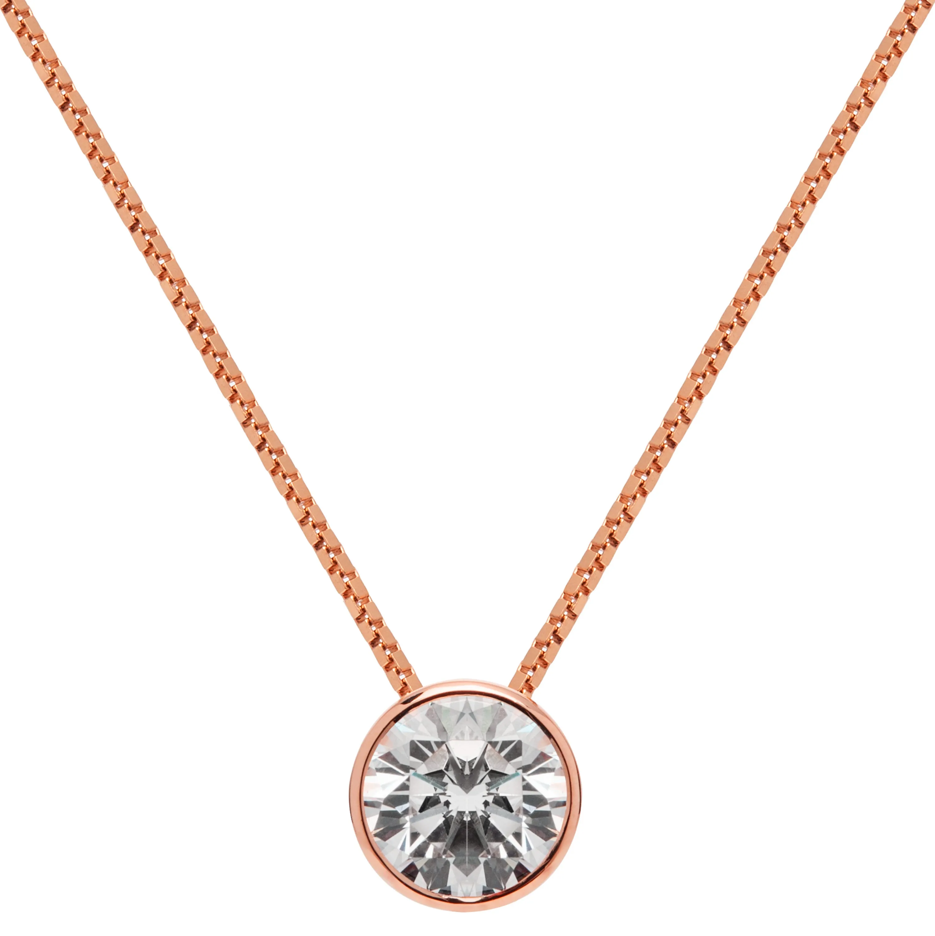 14K Solid Rose Gold Pendant Necklace | Bezel Set Round Cut Cubic Zirconia Solitaire | 1.5 Carat | 16 Inch 1.0mm Box Link Chain