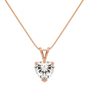 14K Solid Rose Gold Pendant Necklace | Heart Cut Cubic Zirconia Solitaire | 2 Carat | 18 Inch .60mm Box Link Chain