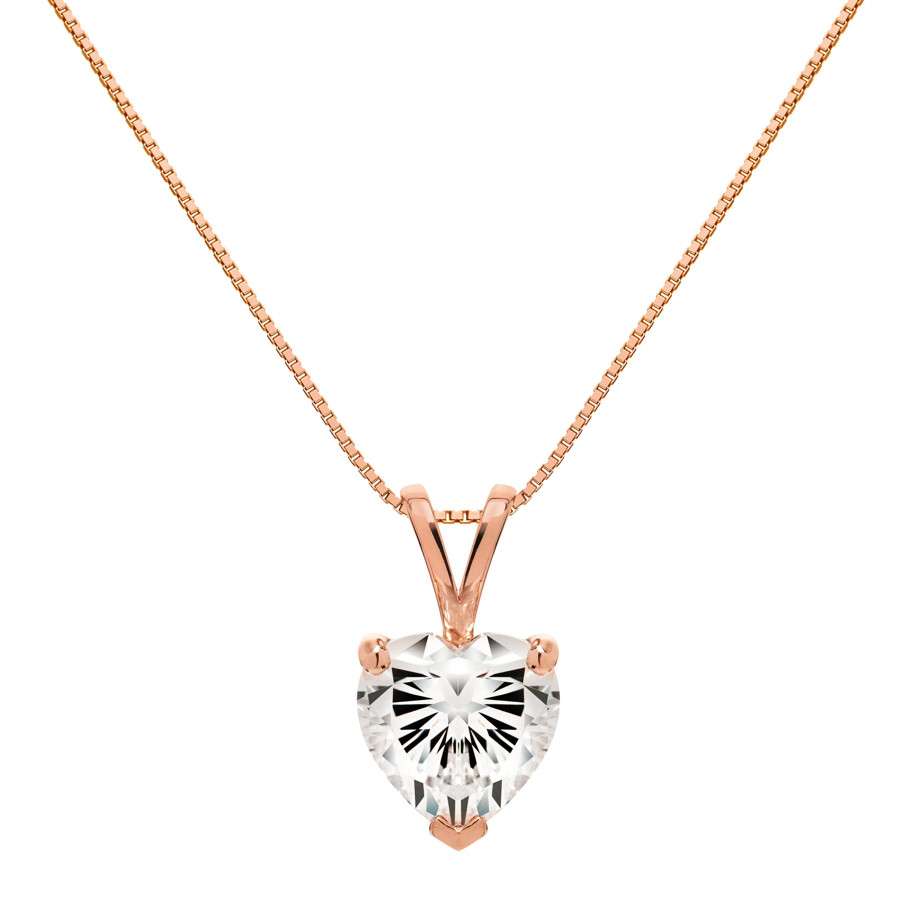 14K Solid Rose Gold Pendant Necklace | Heart Cut Cubic Zirconia Solitaire | 2 Carat | 18 Inch .60mm Box Link Chain