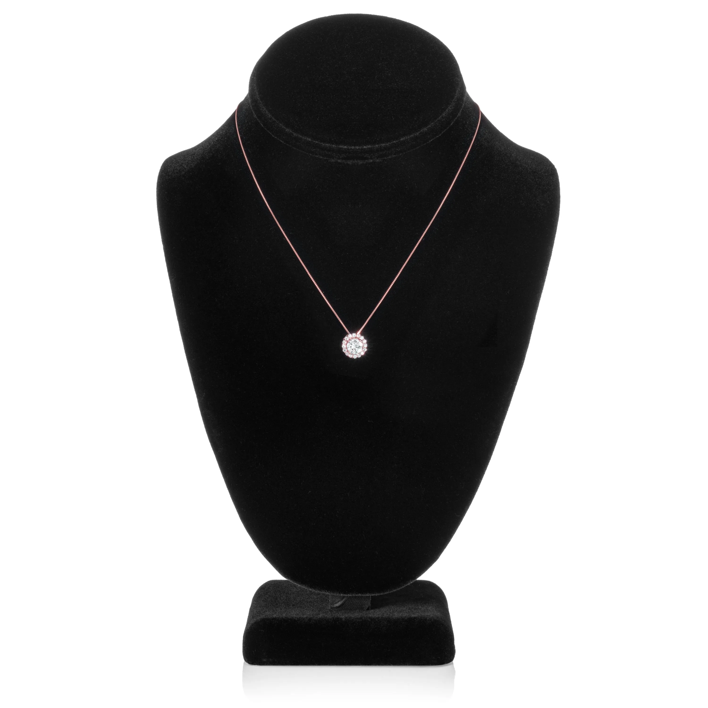 14K Solid Rose Gold Pendant Necklace | Round "Halo" Cubic Zirconia Solitaire | 1.0 CT center, 1.24 CTW | 16 Inch .60mm Box Link Chain
