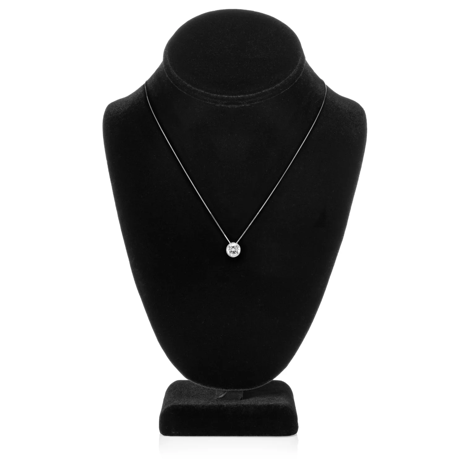 14K Solid White Gold Pendant Necklace | Bezel Set Round Cut Cubic Zirconia Solitaire | 1.5 Carat | 16 Inch .60mm Box Link Chain