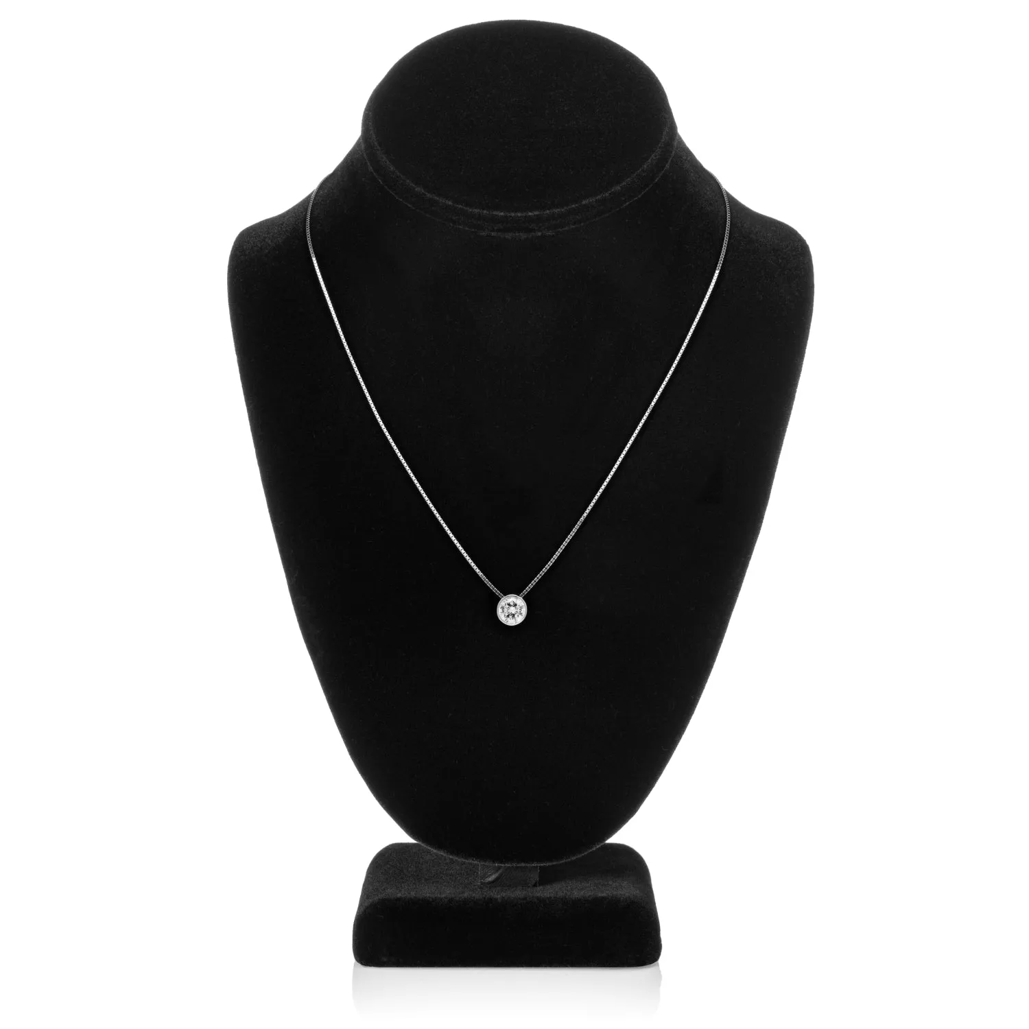 14K Solid White Gold Pendant Necklace | Bezel Set Round Cut Cubic Zirconia Solitaire | 1.5 Carat | 18 Inch 1.0mm Box Link Chain