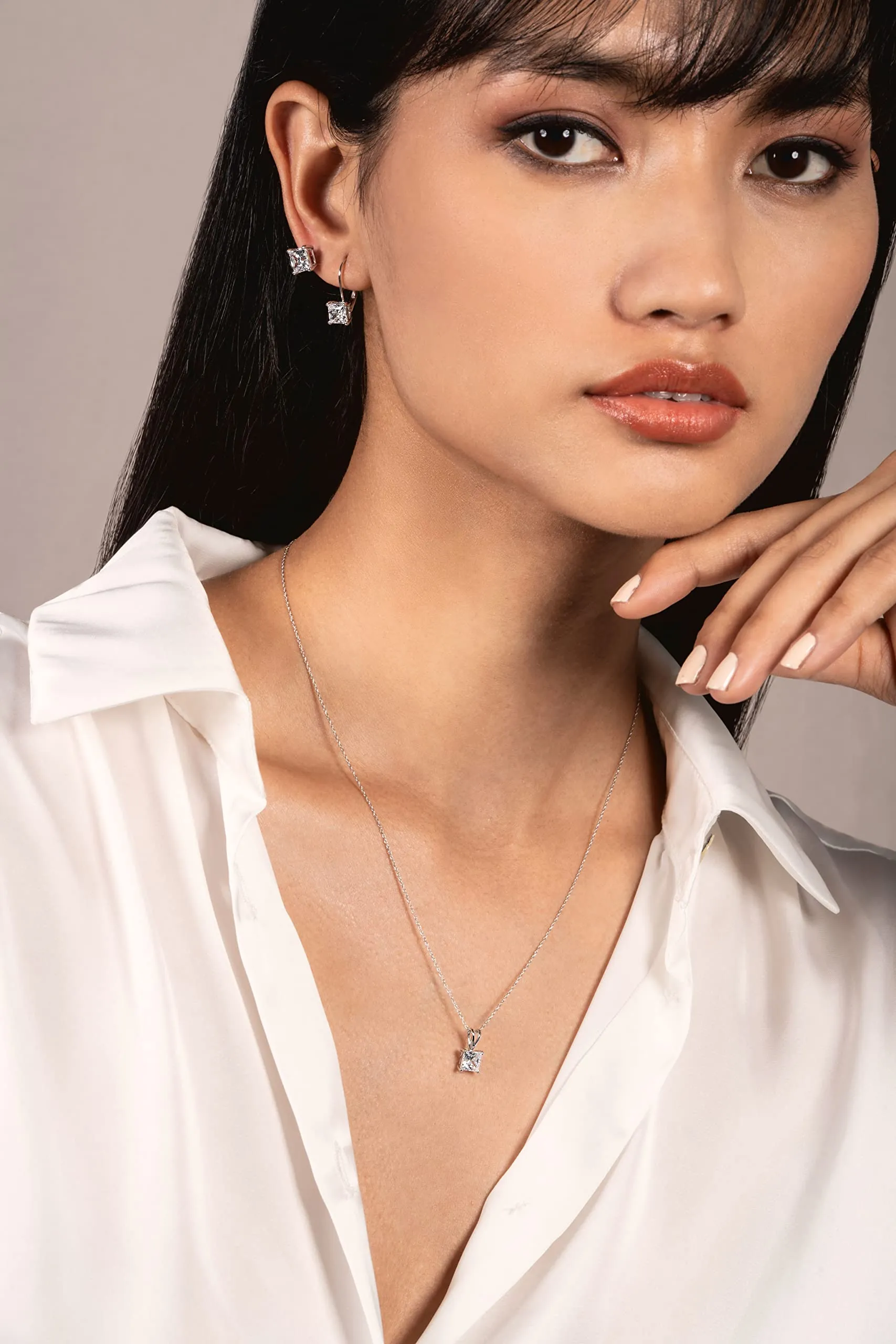 14K Solid White Gold Pendant Necklace | Princess Cut Cubic Zirconia Solitaire | 1 Carat | 16 Inch Box Link Chain
