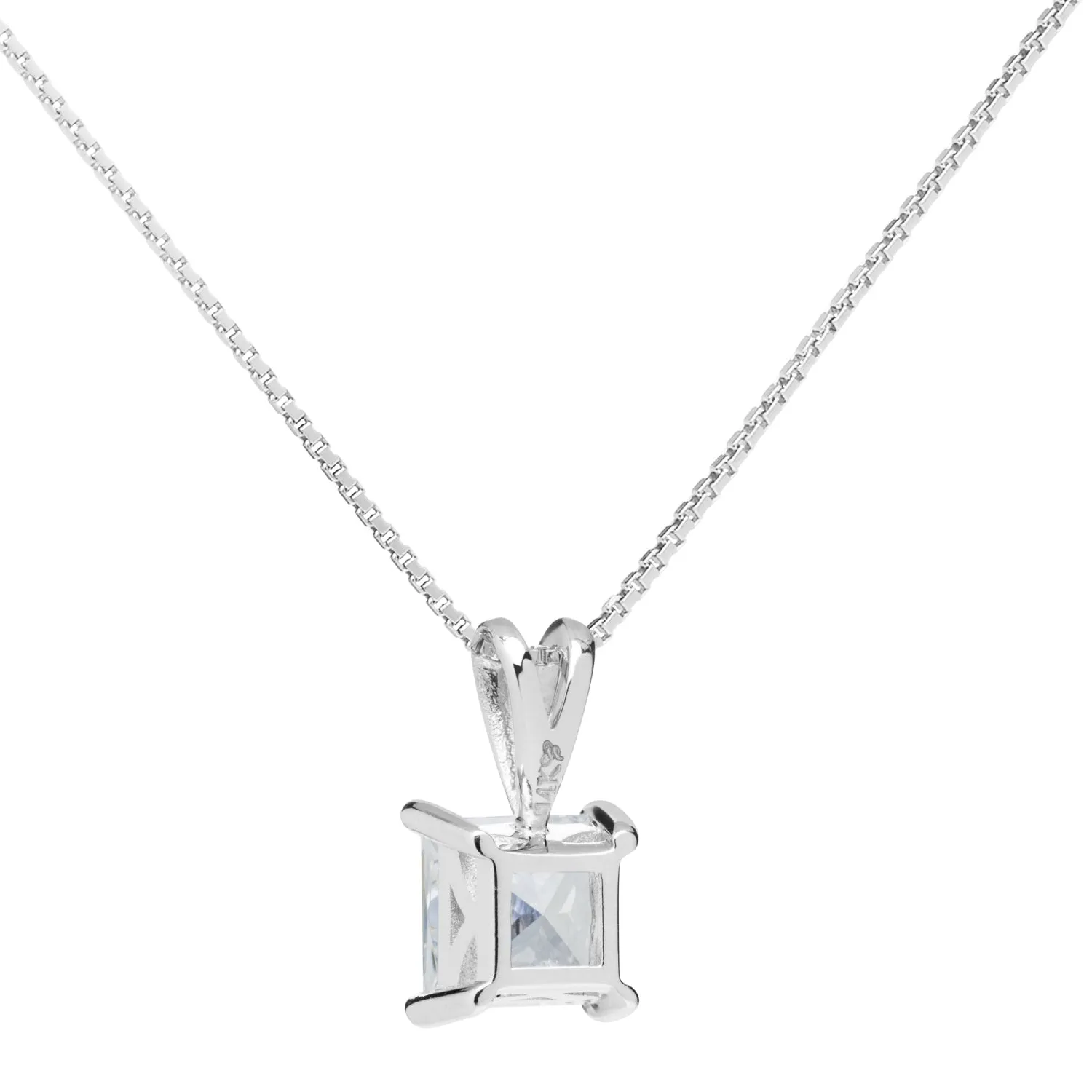 14K Solid White Gold Pendant Necklace | Princess Cut Cubic Zirconia Solitaire | 1 Carat | 18 Inch Box Link Chain