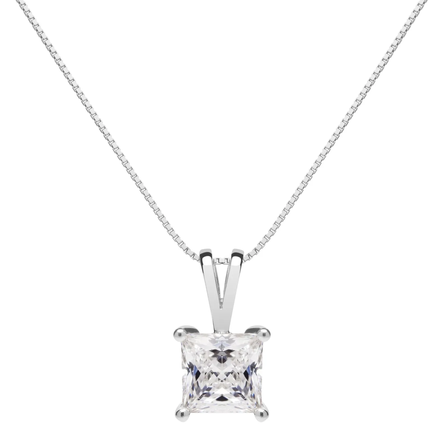 14K Solid White Gold Pendant Necklace | Princess Cut Cubic Zirconia Solitaire | 1 Carat | 18 Inch Box Link Chain