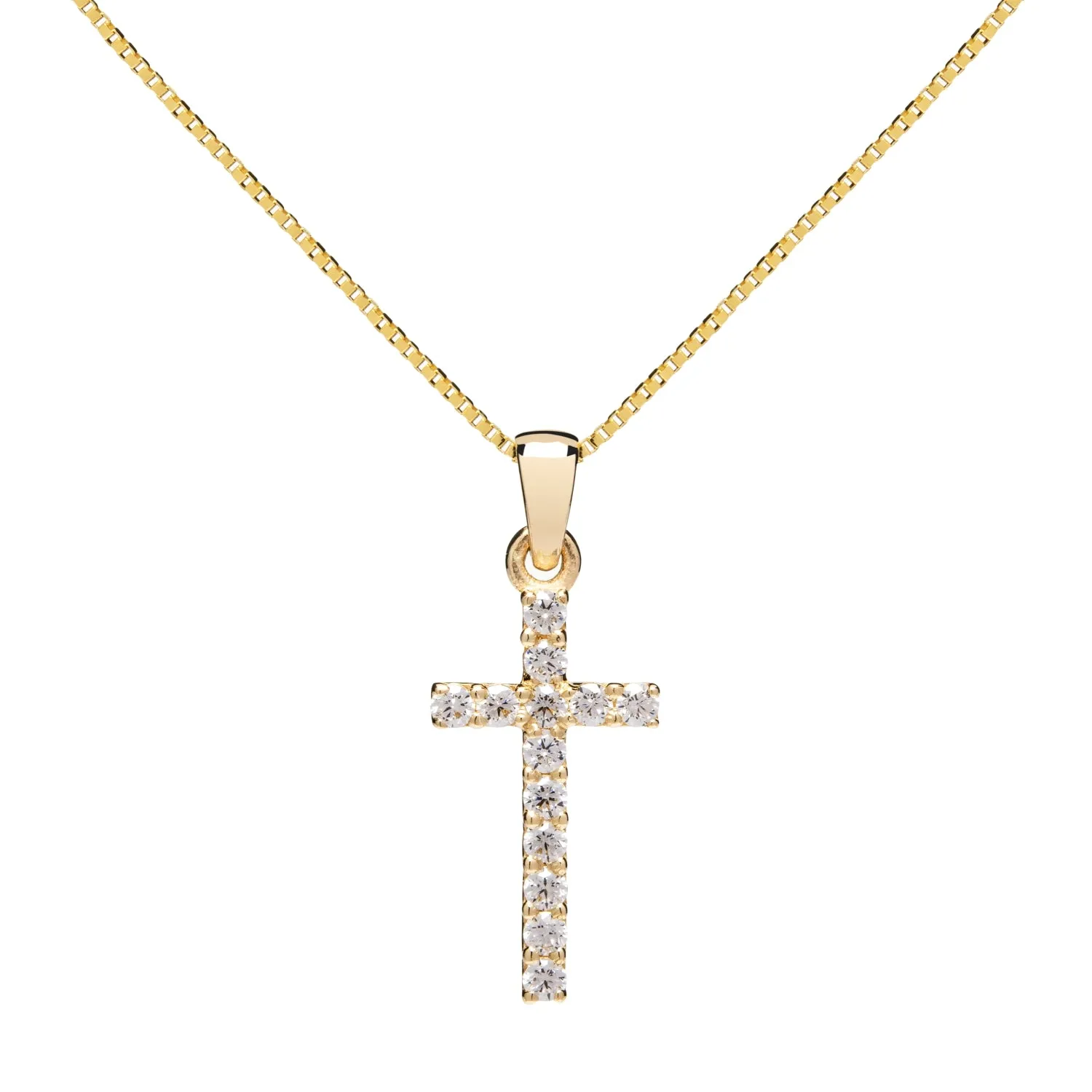 14K Solid Yellow Gold Cross | Pave Round Cut Cubic Zirconia Pendant Necklace | 15mm Long .30 CTW | 16 Inch .60mm Box Link Chain | With Gift Box