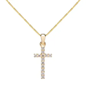 14K Solid Yellow Gold Cross | Pave Round Cut Cubic Zirconia Pendant Necklace | 15mm Long .30 CTW | 16 Inch .60mm Box Link Chain | With Gift Box
