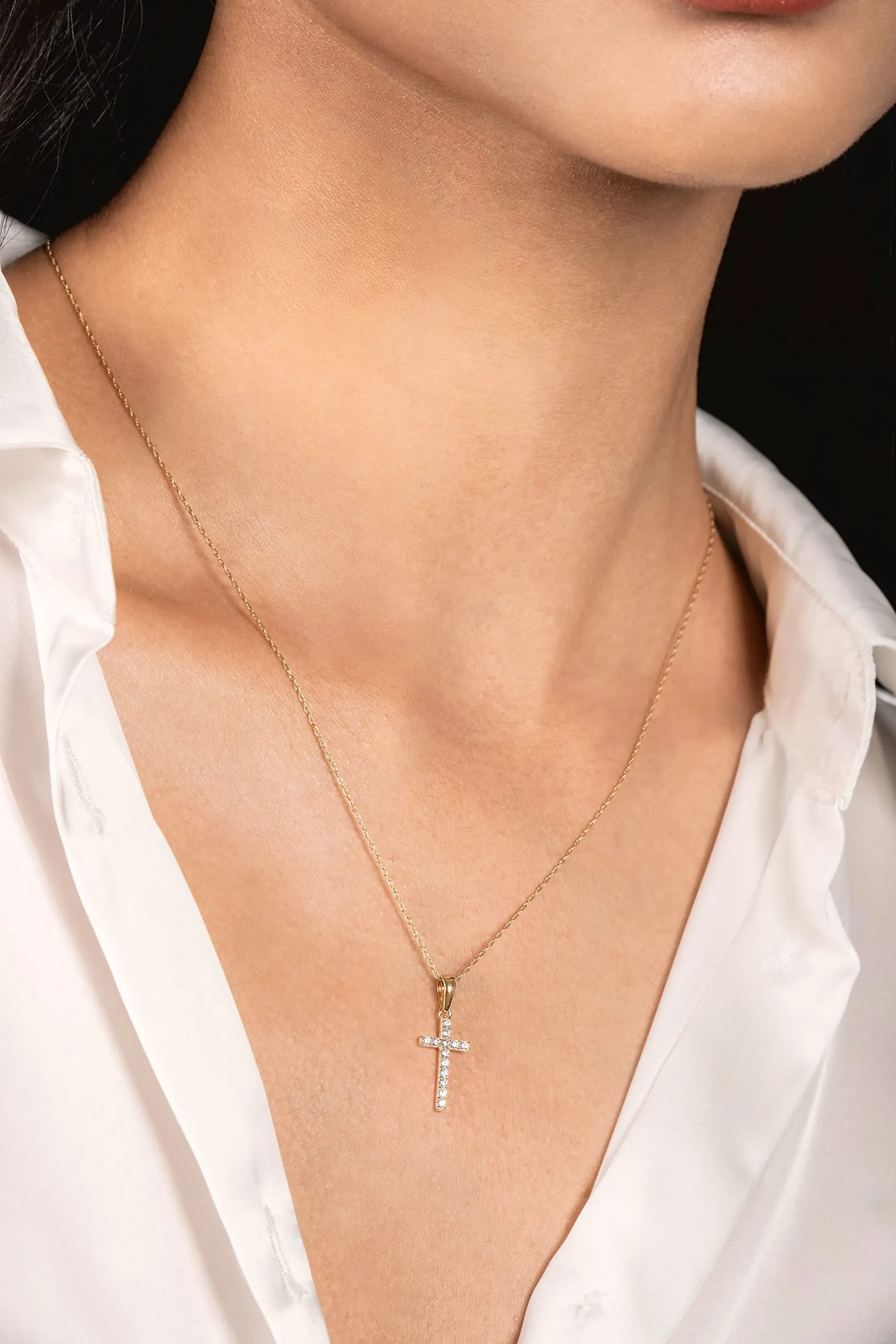 14K Solid Yellow Gold Cross | Pave Round Cut Cubic Zirconia Pendant Necklace | 15mm Long .30 CTW | 16 Inch .60mm Box Link Chain | With Gift Box