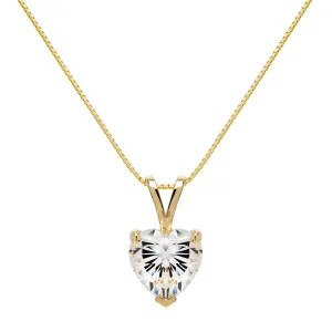 14K Solid Yellow Gold Pendant Necklace | Heart Cut Cubic Zirconia Solitaire | 2 Carat | 18 Inch .60mm Box Link Chain