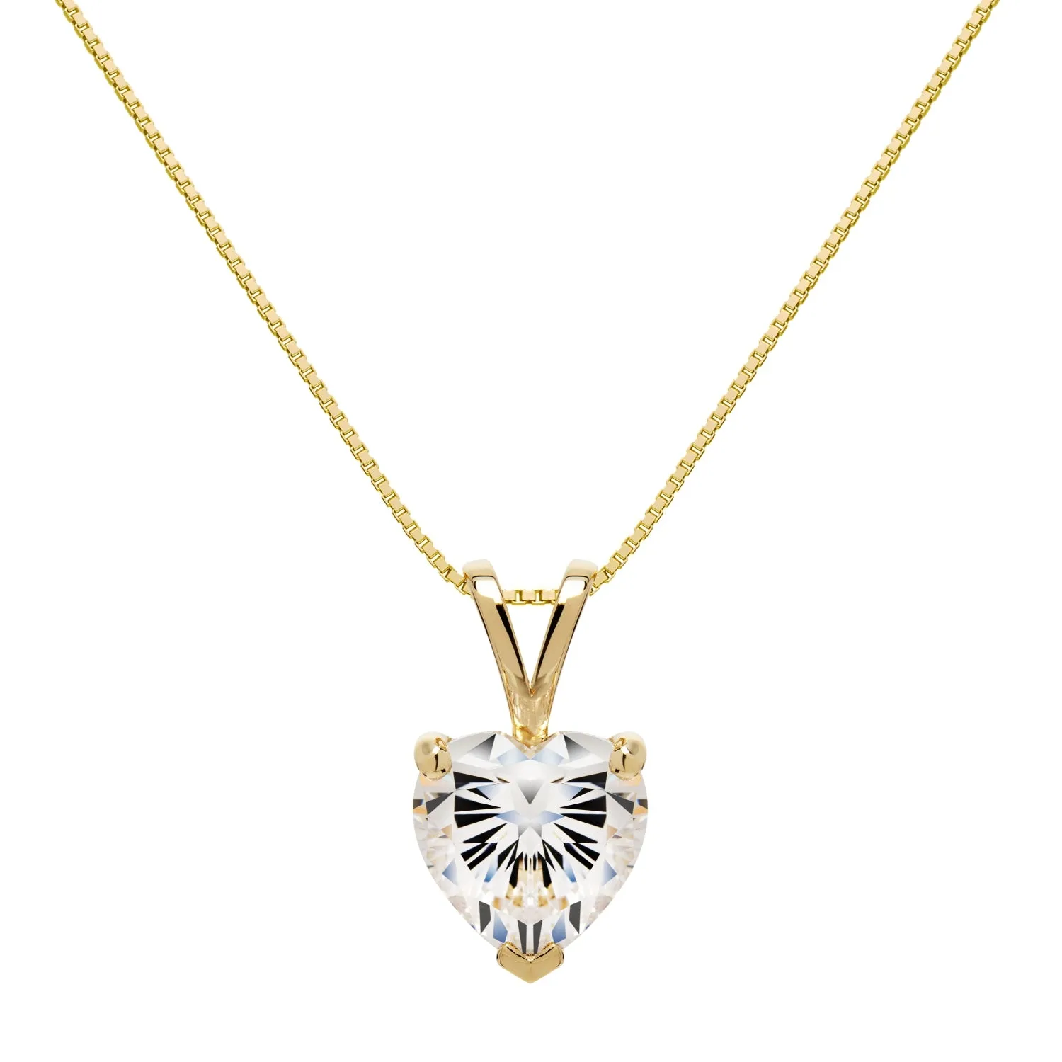 14K Solid Yellow Gold Pendant Necklace | Heart Cut Cubic Zirconia Solitaire | 2 Carat | 18 Inch .60mm Box Link Chain