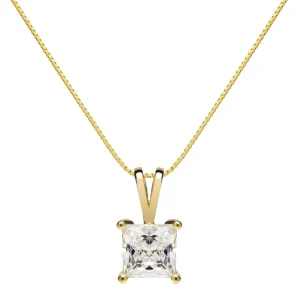 14K Solid Yellow Gold Pendant Necklace | Princess Cut Cubic Zirconia Solitaire | 1 Carat | 16 Inch .60mm Box Link Chain