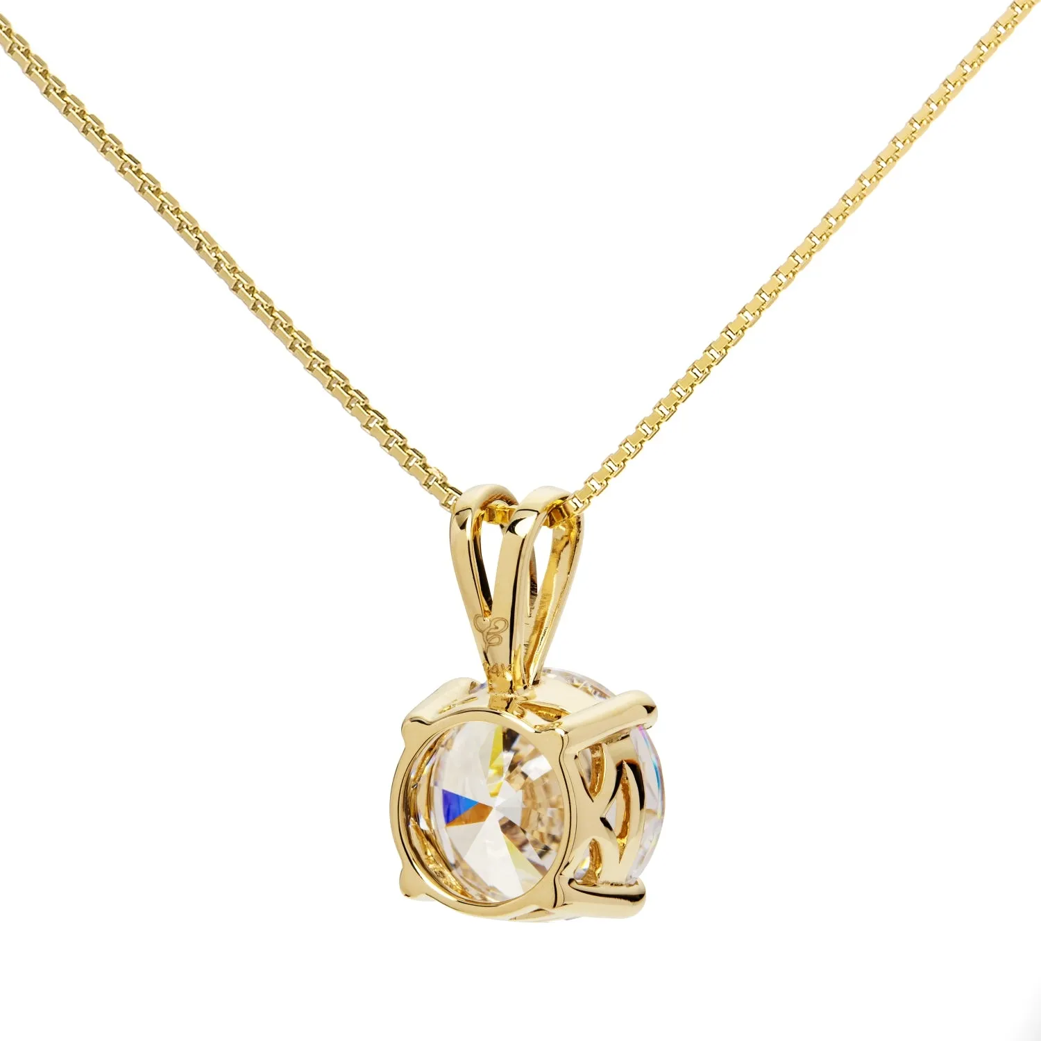 14K Solid Yellow Gold Pendant Necklace | Round Cut Cubic Zirconia Solitaire | 2.0 Carat | 18 Inch .60mm Box Link Chain