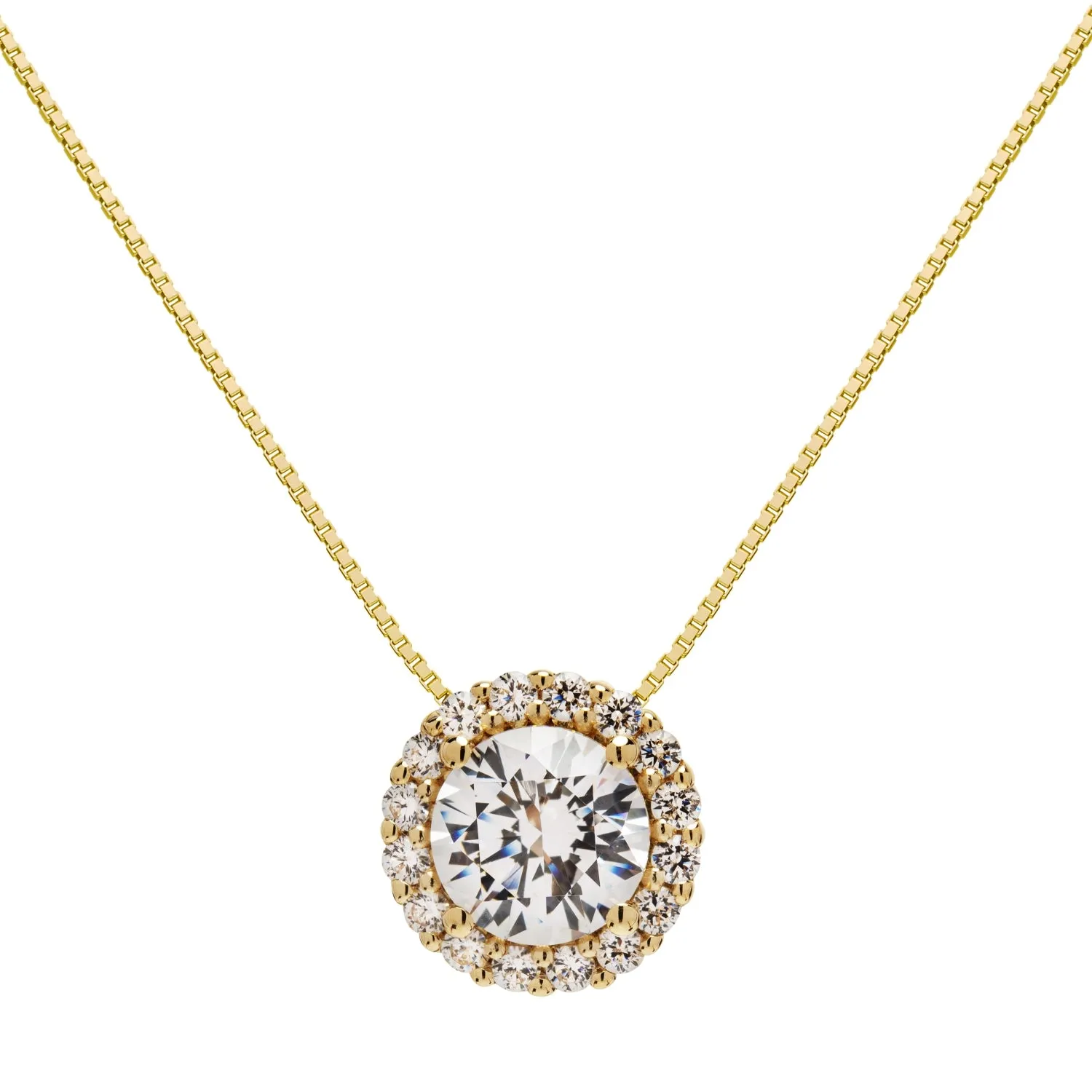 14K Solid Yellow Gold Pendant Necklace | Round "Halo" Cubic Zirconia Solitaire | 1.0 CT center, 1.24 CTW | 16 Inch .60mm Box Link Chain