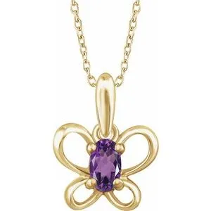 14K Yellow 4x3 mm Oval February Youth Butterfly Birthstone 15" Necklace