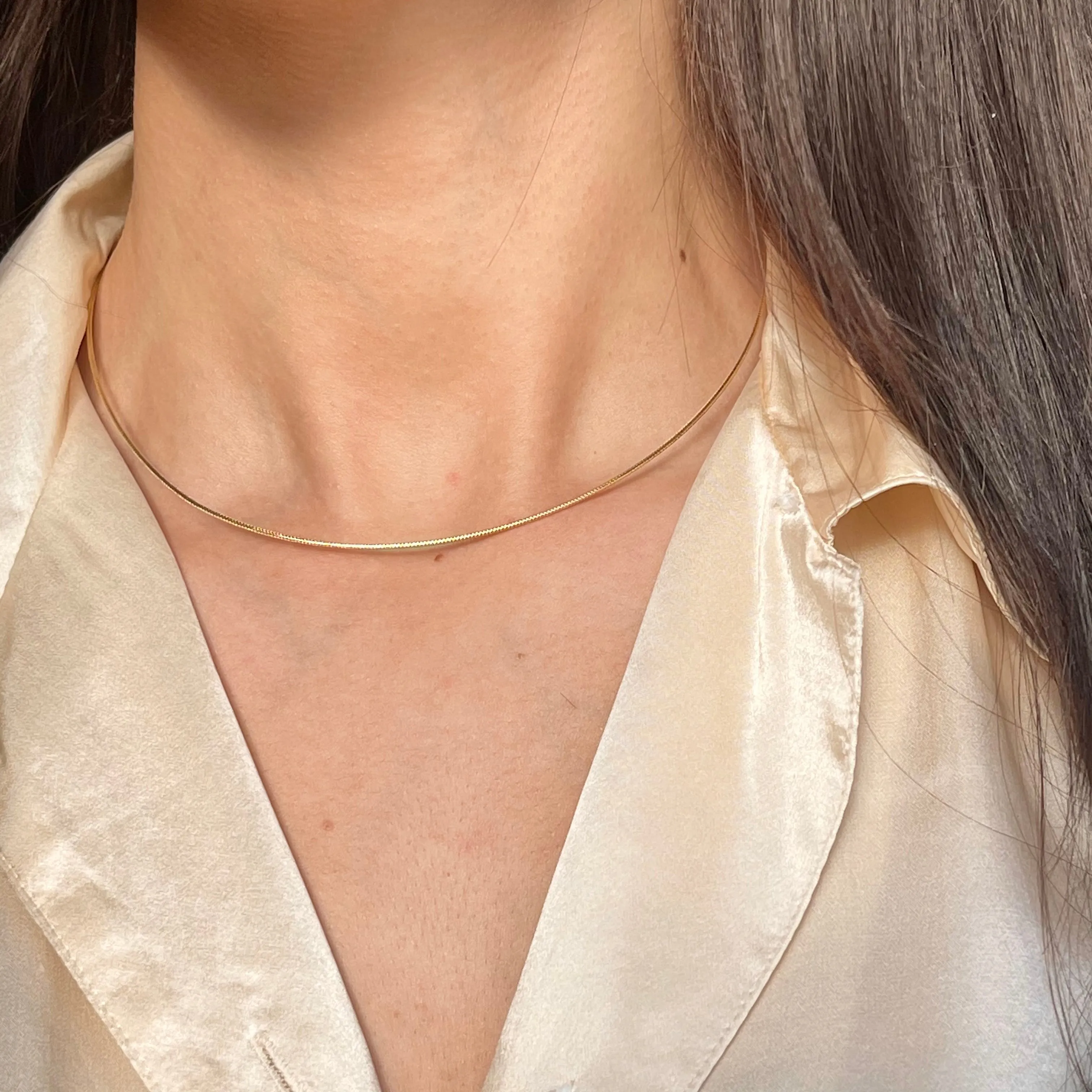 14KT Yellow Gold Thin 1mm Neck Wire Weave Chain Omega Necklace