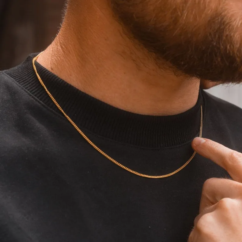 1.5mm Thin & Short Golden Curb Neck Chain For Men