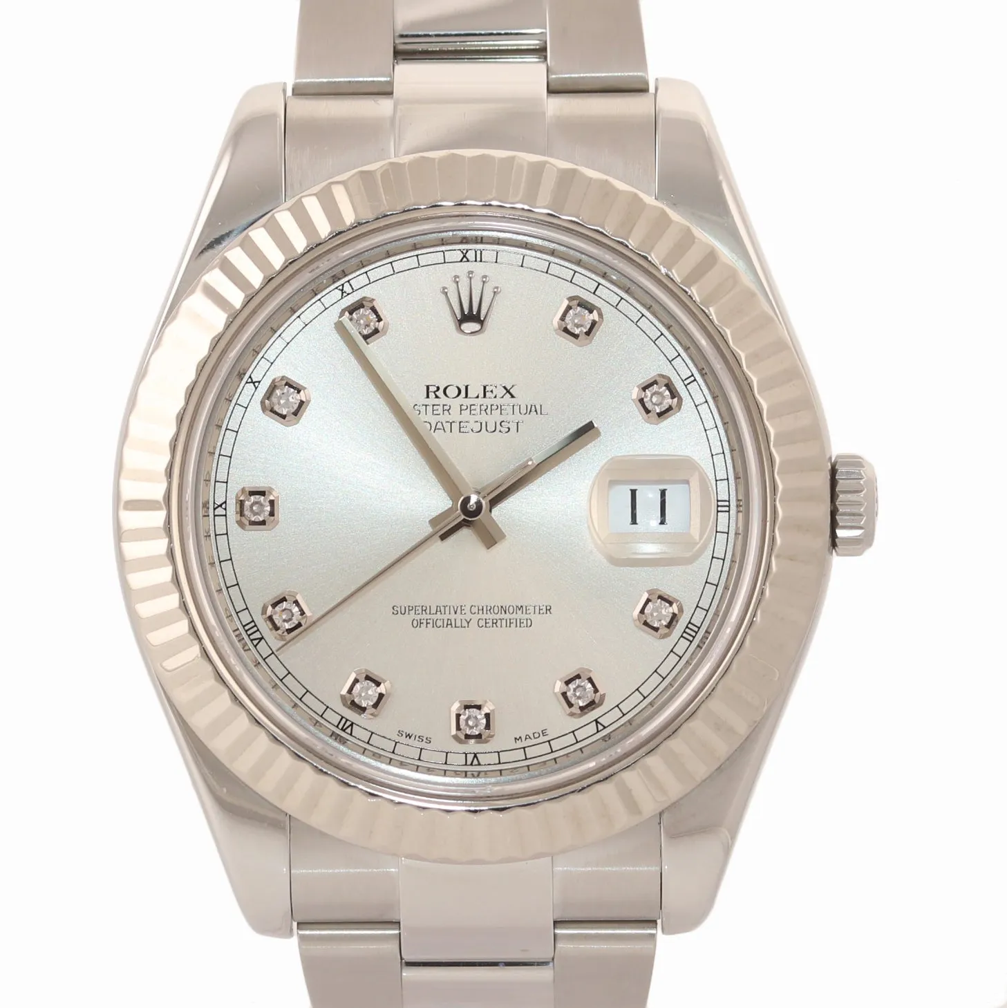 2016 Rolex Datejust 2 41MM Silver Diamond 116334 18K White Gold Fluted Watch