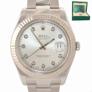 2016 Rolex Datejust 2 41MM Silver Diamond 116334 18K White Gold Fluted Watch