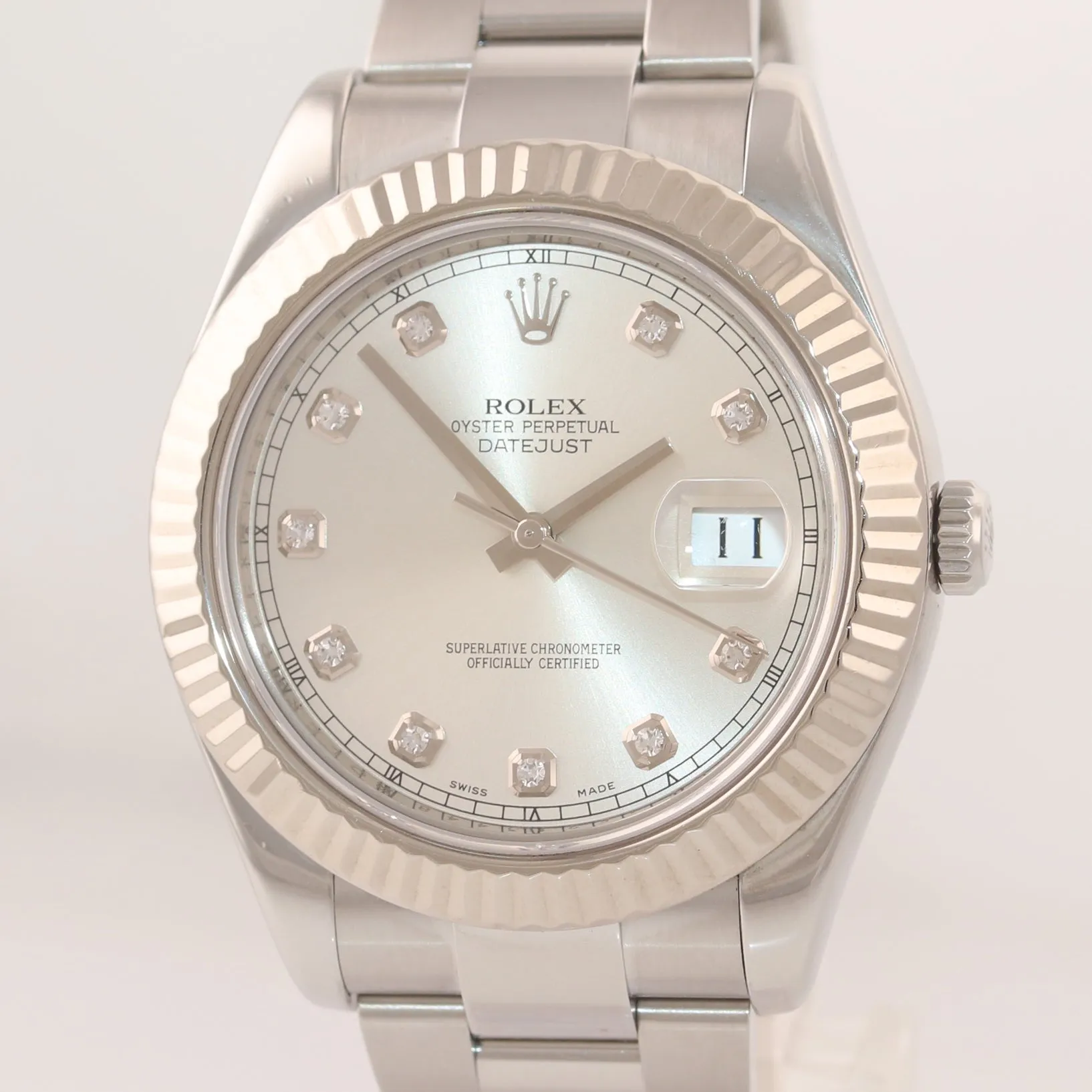 2016 Rolex Datejust 2 41MM Silver Diamond 116334 18K White Gold Fluted Watch