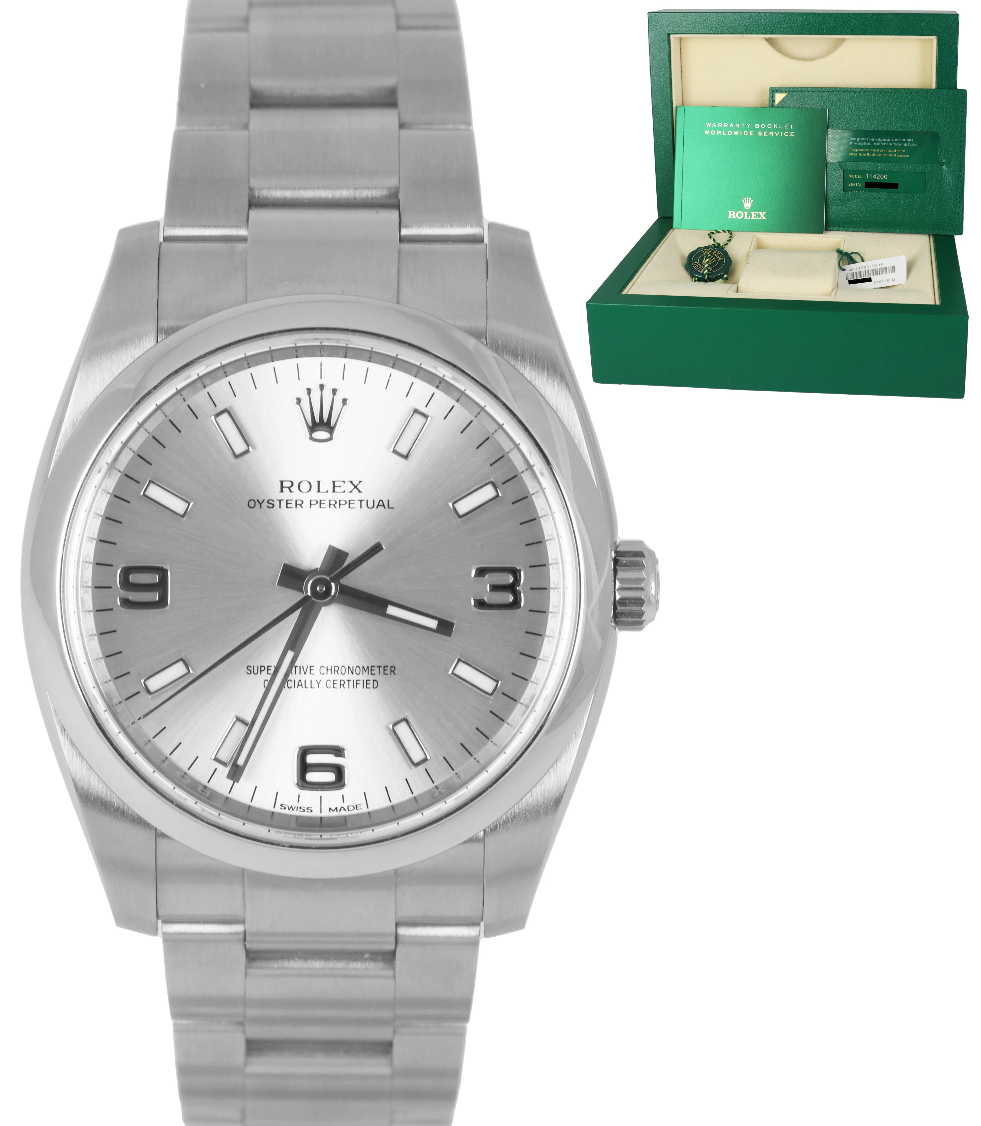 2021 Rolex Oyster Perpetual Silver 3-6-9 Stainless Steel 114200 34mm Watch B P