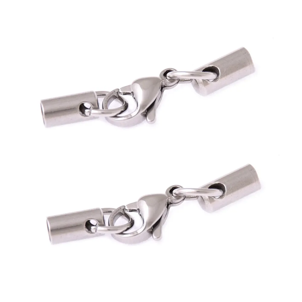 2.5mm Round Leather Cord Ends,Stainless Steel Bracelet Ends Bead Caps With Lobster Clasp DIY Jewelry Crafts Findings 10pcs