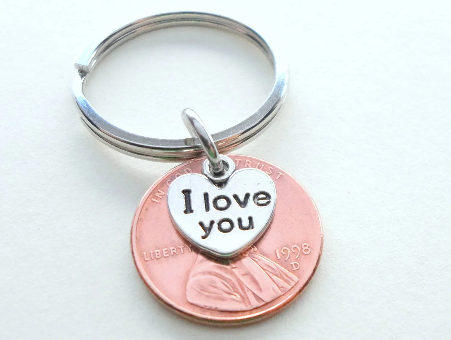27 Year Anniversary Gift • I Love You Heart Charm Layered Over 1998 Penny Keychain by Jewelry Everyday