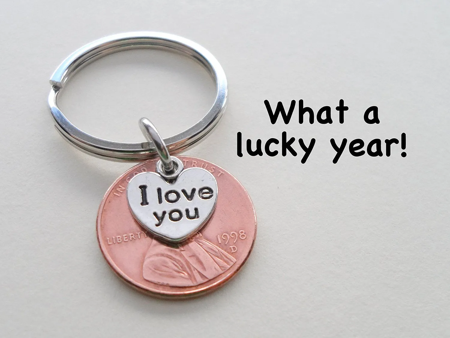 27 Year Anniversary Gift • I Love You Heart Charm Layered Over 1998 Penny Keychain by Jewelry Everyday