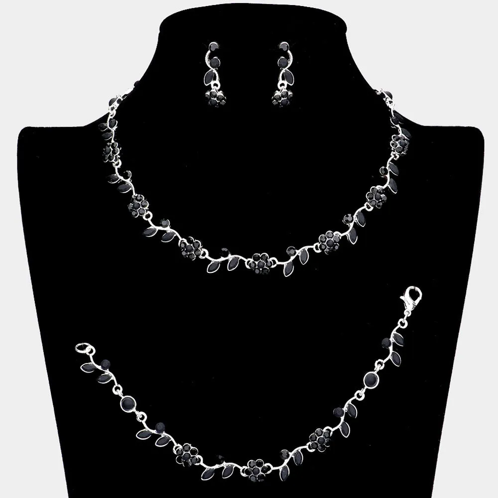 3 Piece Black Flower Rhinestone Jewelry Set | Homecoming Jewelry | 63851