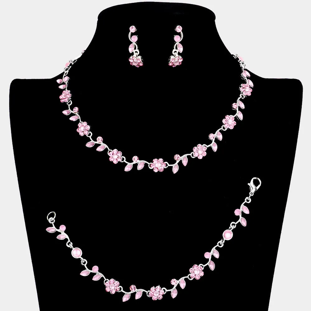 3 Piece Pink Flower Rhinestone Jewelry Set | Homecoming Jewelry | 63856