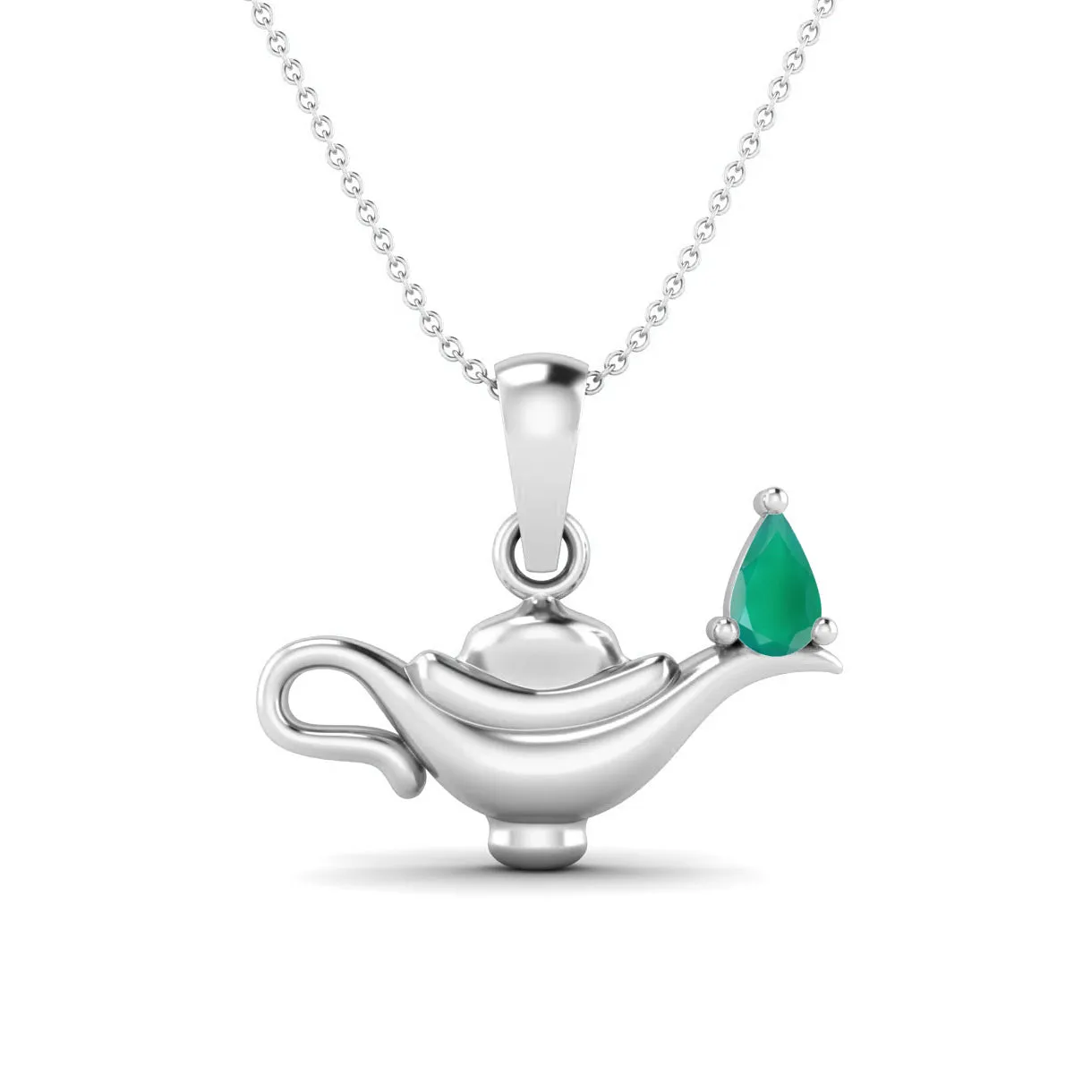5x3MM Pear Green Onyx Gemstone 925 Sterling Silver Dainty Aladdin Lamp Charm Pendant Necklace
