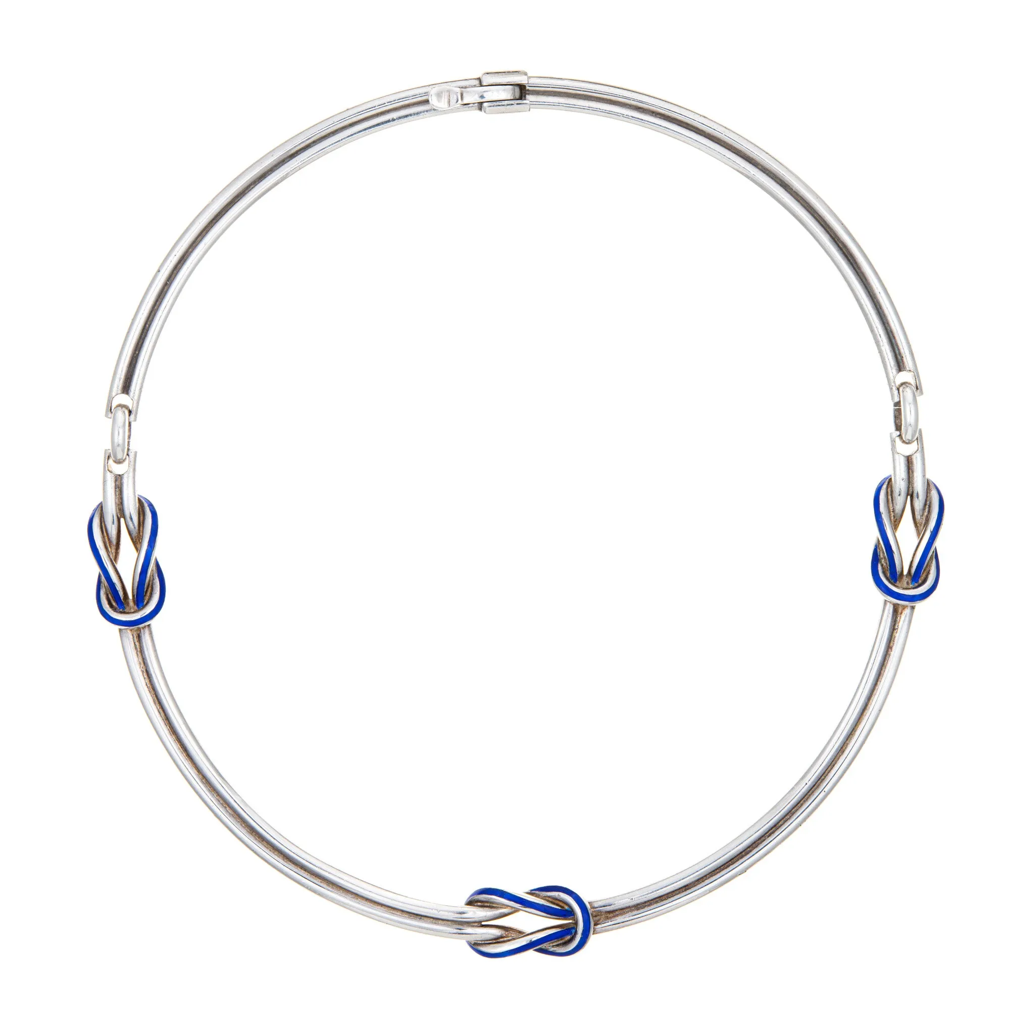 60s Vintage Gucci Hercules Knot Necklace Silver Blue Enamel Collar 18"