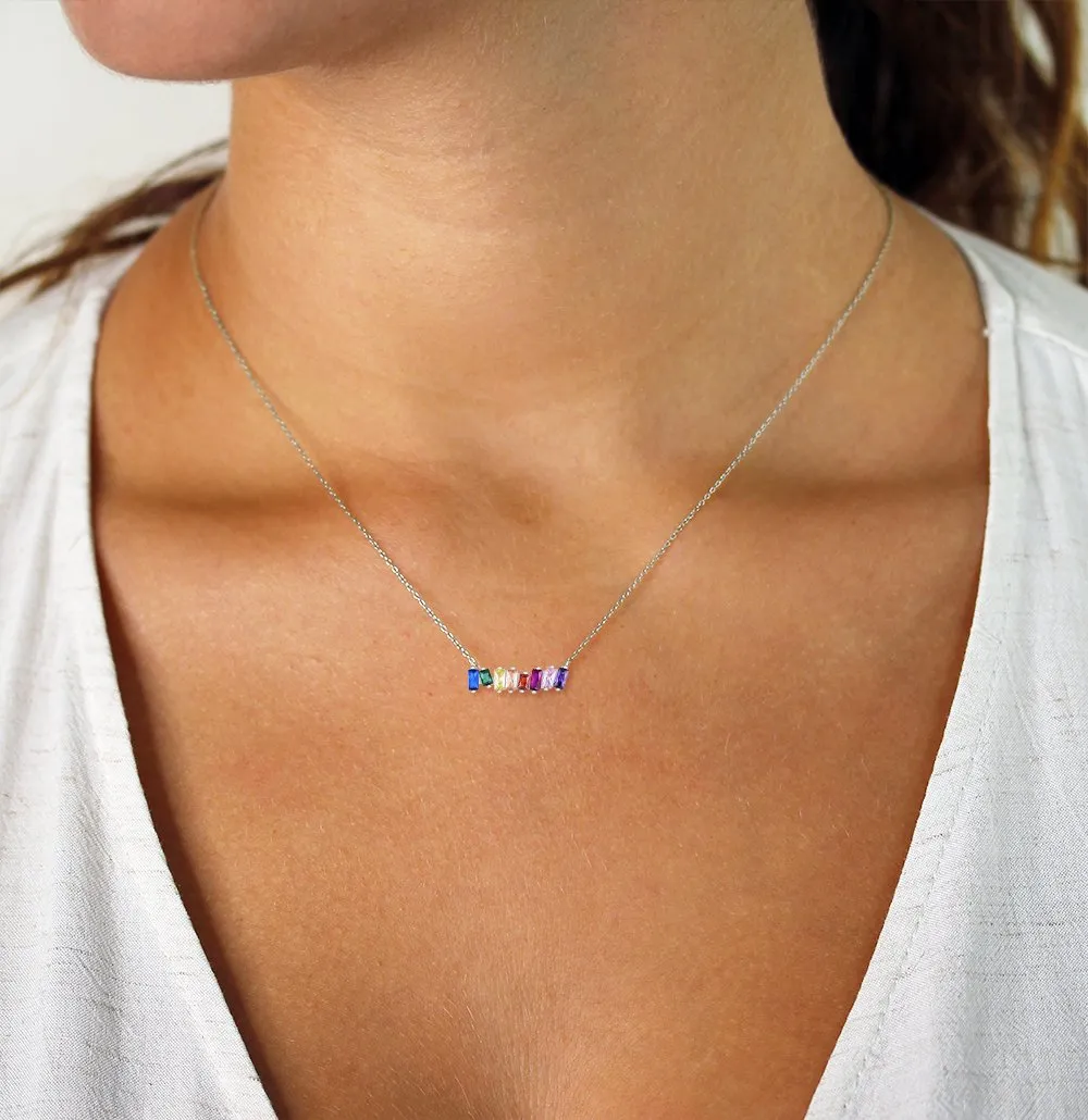 925 Sterling Silver Colorful Rainbow Minimalist Scattered Baguette Bar Necklace