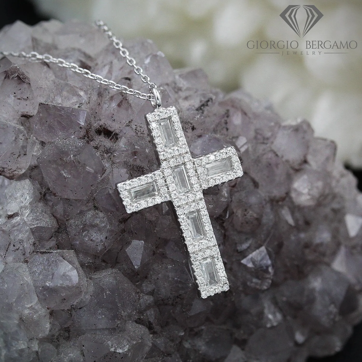 925 Sterling Silver Micro Pave Baguette Cross Pendant Necklace
