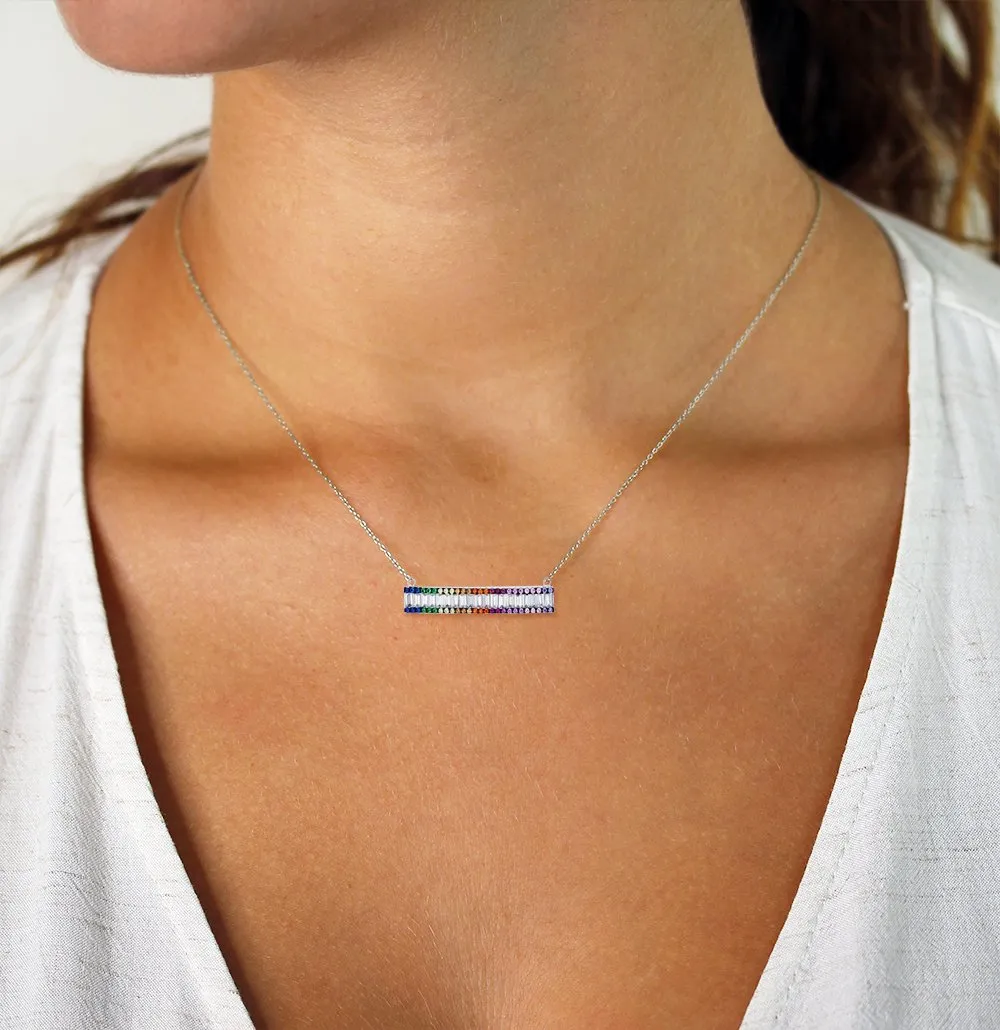 925 Sterling Silver Micro Pave Rainbow Cubic Zirconia Baguette Bar Necklace