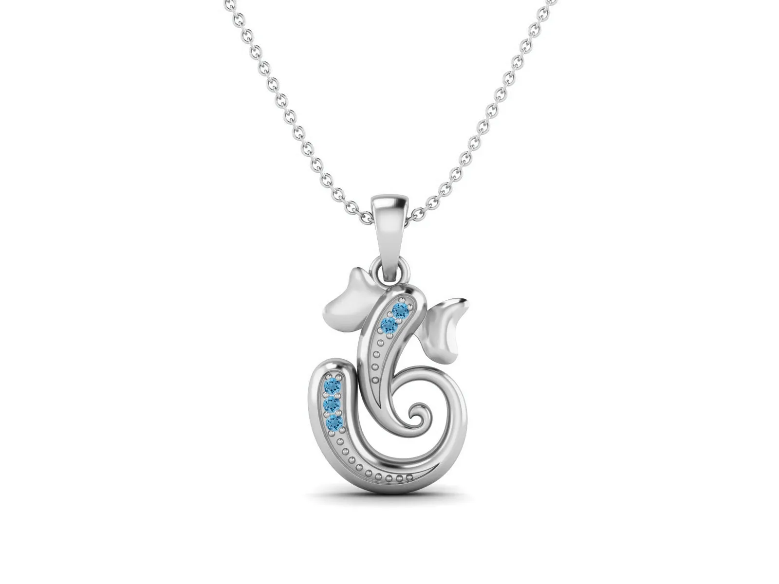 925 Sterling Silver Round Swiss Blue Topaz Hindu Religious Ganesh Necklace Men Women Necklace Pendant