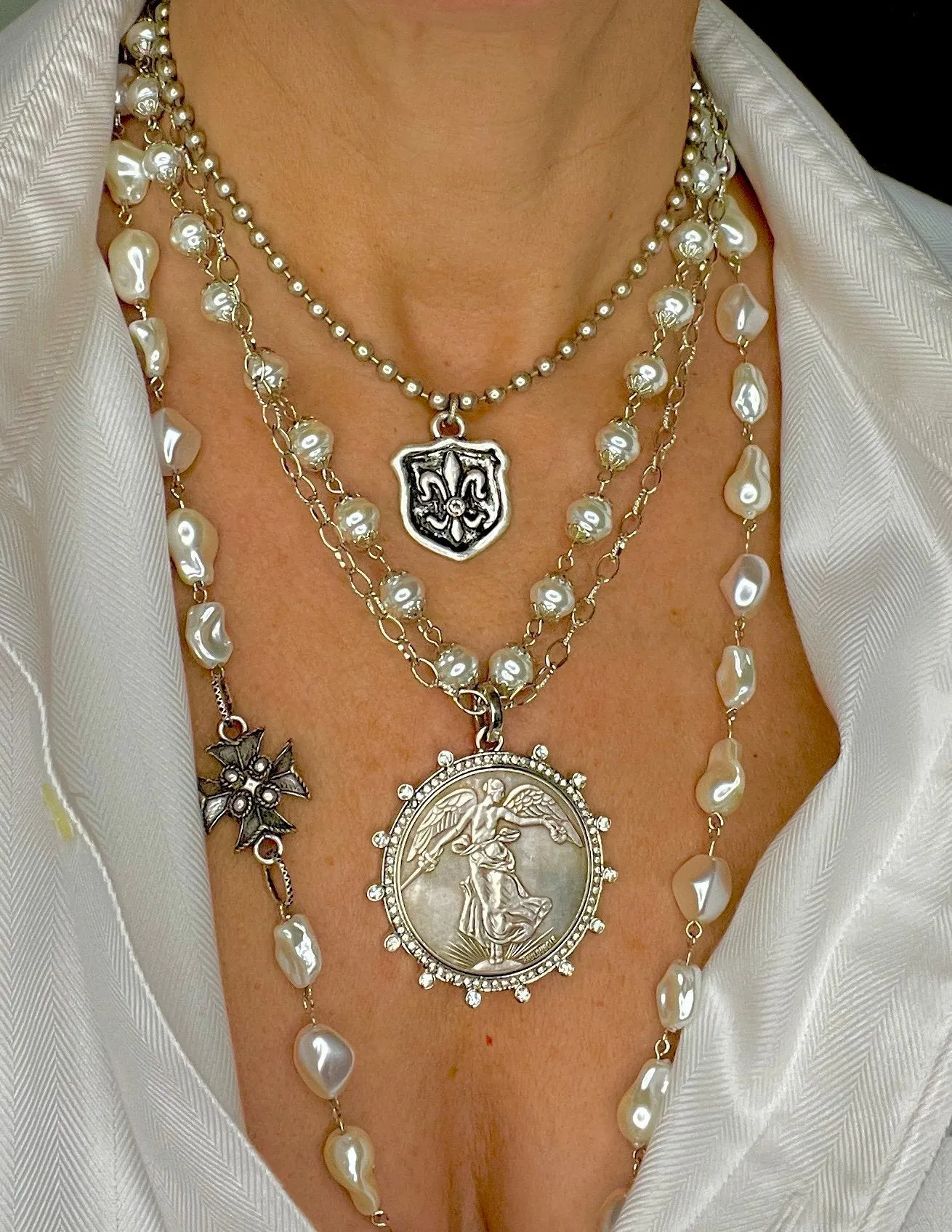 Aged Silver Fleur de Lis and Ball Chain Necklace