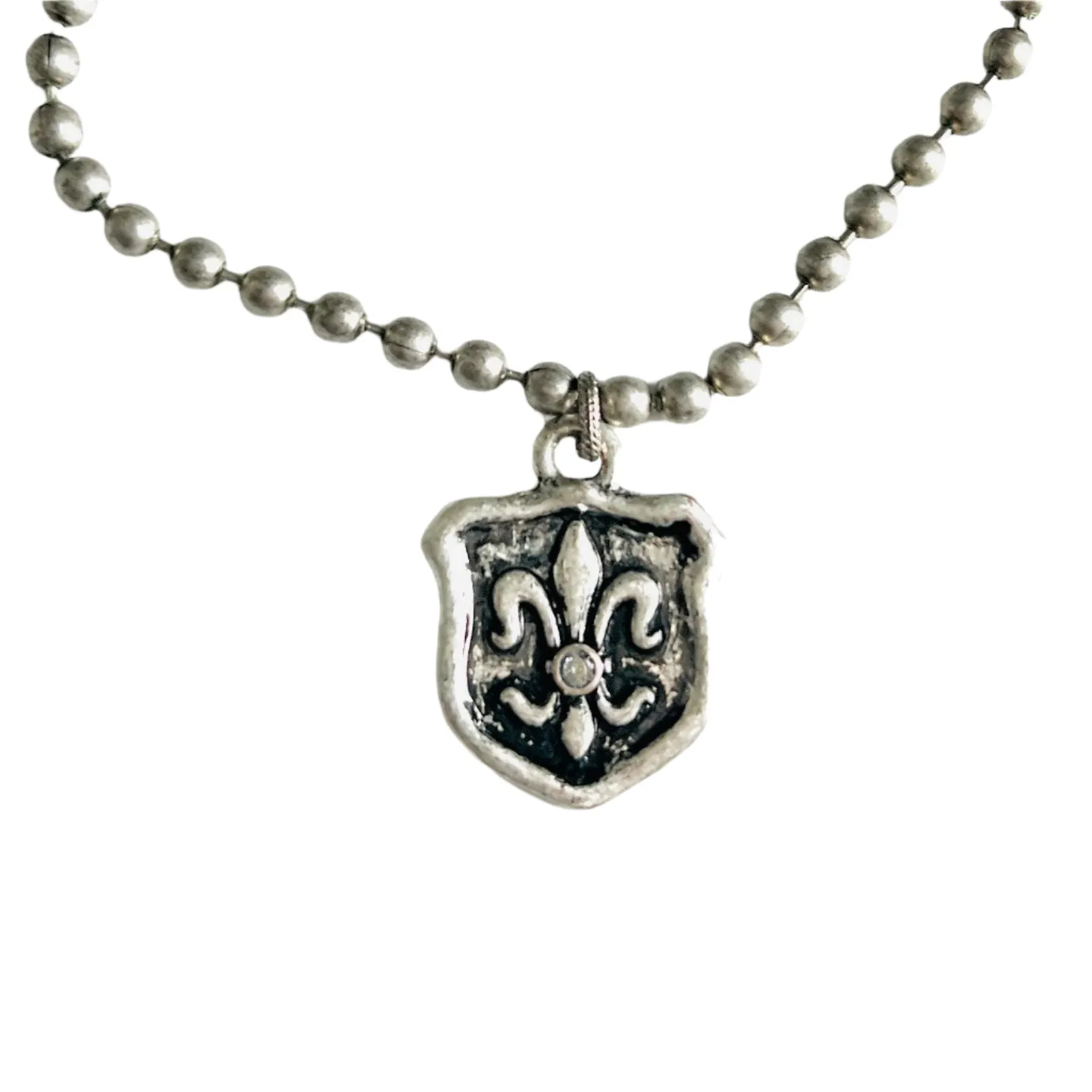 Aged Silver Fleur de Lis and Ball Chain Necklace