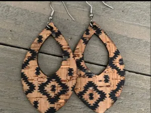 Black Aztec weaved cork and leather Teardrop Earrings
