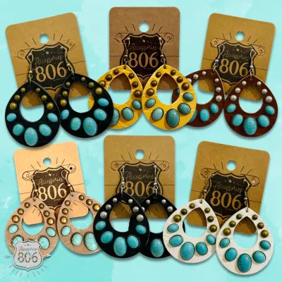 Black Leather and stone teardrop earring
