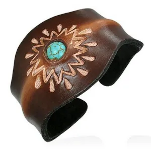 Brown Tan Leather Blue Turquoise-Tone Engraved Cuff Bangle Womens Adjustable Bracelet