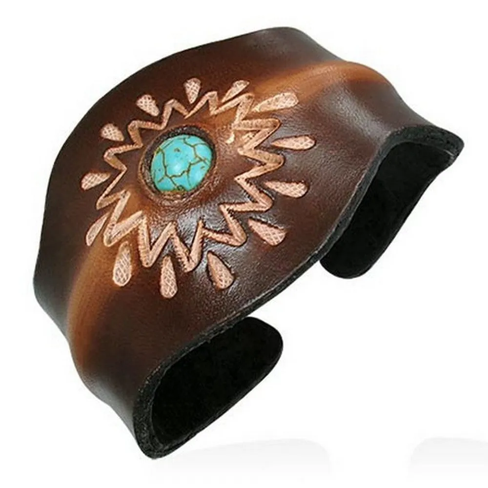 Brown Tan Leather Blue Turquoise-Tone Engraved Cuff Bangle Womens Adjustable Bracelet