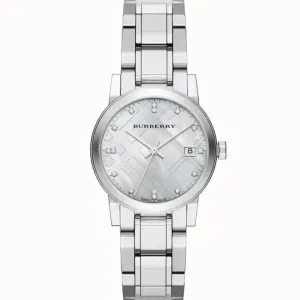 Burberry Diamond Silver Stainless Steel Mother of pearl Dial Quartz Watch for Ladies - BU9125