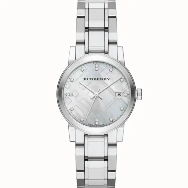 Burberry Diamond Silver Stainless Steel Mother of pearl Dial Quartz Watch for Ladies - BU9125